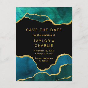 Turfblauw en goud geschilderde agaat Save the Date Briefkaart
