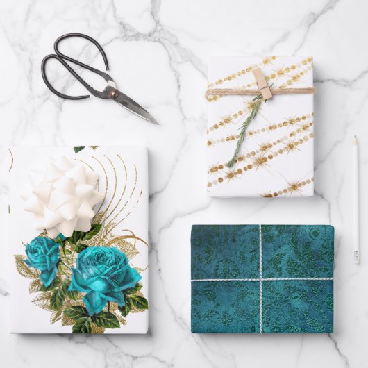 Turfblauw en gouden bloemenvloei wikkelvellen inpakpapier vel (Voorkant)