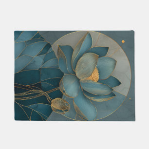 Turfblauw en Gouden Lotus Bloem Geometrische Lijn Deurmat