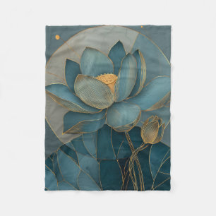 Turfblauw en Gouden Lotus Bloem Geometrische Lijn Fleece Deken