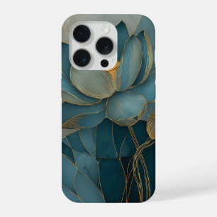 Turfblauw en Gouden Lotusbloem Geometrische Lijnku iPhone 15 Pro Hoesje