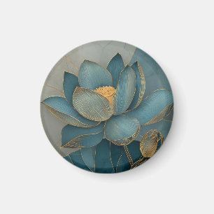 Turfblauw en Gouden Lotusbloem Geometrische Lijnku Magneet