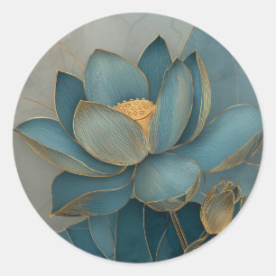 Turfblauw en Gouden Lotusbloem Geometrische Lijnku Ronde Sticker