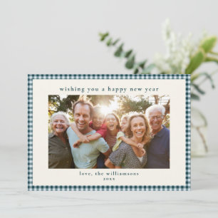 Turfblauw geruit familiefoto Nieuwjaar 2027 Feestdagenkaart