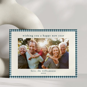 Turfblauw geruit familiefoto Nieuwjaar 2027 Feestdagenkaart