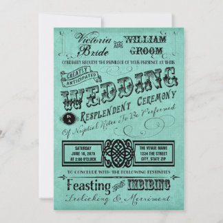 Turfblauw linnen vintage typografie bruiloft kaart