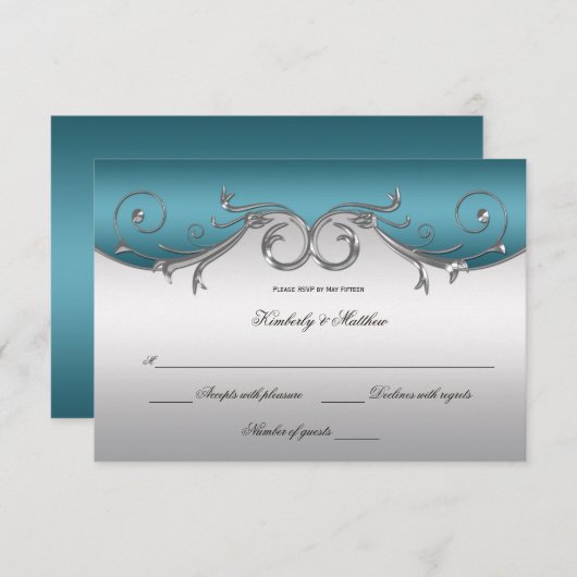 Turfblauw met Sierlijke Zilveren Krullen RSVP Kaart (Voorkant / Achterkant)