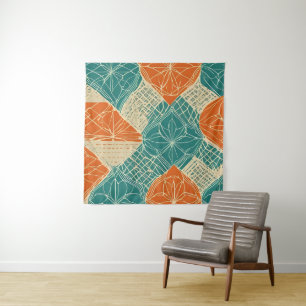 Turfblauw, Oranje en Taanjebruine Abstracte Bloeme Wandkleed