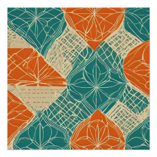 Turfblauw, Oranje en Taankleurige Abstracte Bloeme Perfect Poster