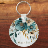 Turfblauw Witte Bloem Gouden Bladeren Elegant Sleutelhanger (Voorkant)