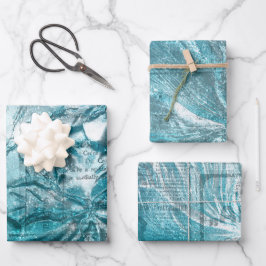 Turfblauw Witte Bloem Motief Glitter Glans  Inpakpapier Vel