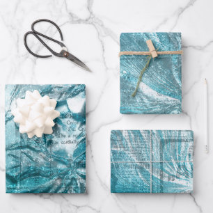 Turfblauw Witte Bloem Motief Glitter Glans Inpakpapier Vel