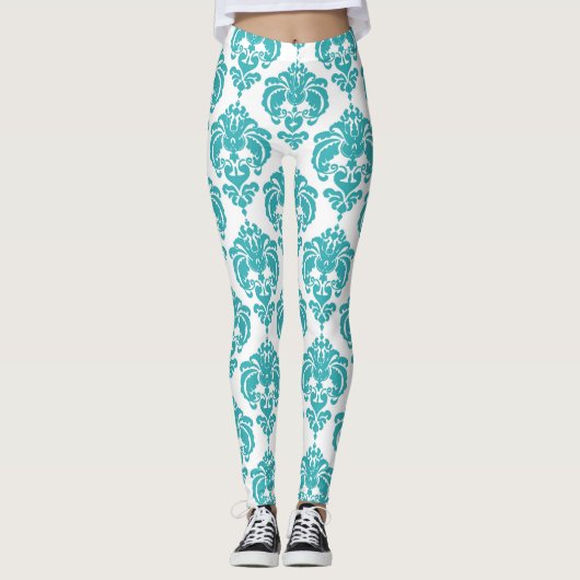 Turfblauw & Witte Damast Chic Moderne Elegante Pat Leggings (Voorkant)