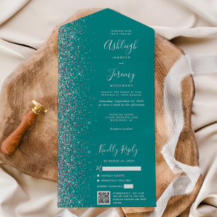 Turfblauw Zilver Glitter QR Code Huwelijk All In One Uitnodiging