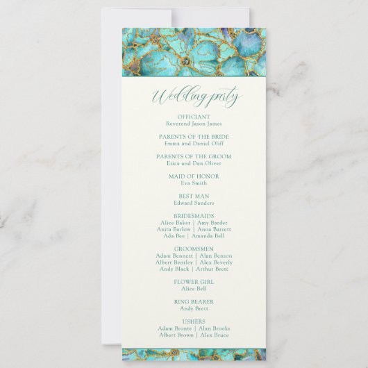 Turfblauwe Bloemen Trouwprogramma Kaart (Achterkant)