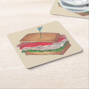 Turkey Club Sandwich Restaurant Diner Foodie Food Vierkante Kartonnen Onderzetter