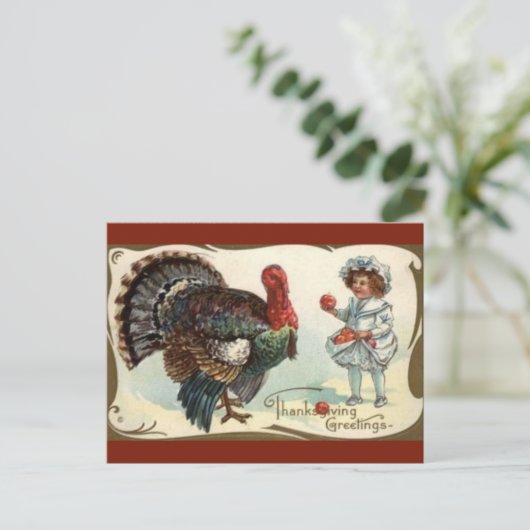 Turkije en kind met appels Thanksgiving Briefkaart (Staand voorkant)