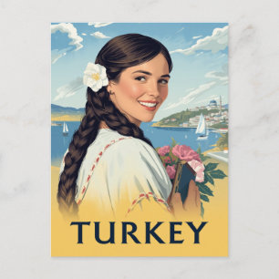 Turkije Reisposter Glimlachende Vrouw en Kust Briefkaart