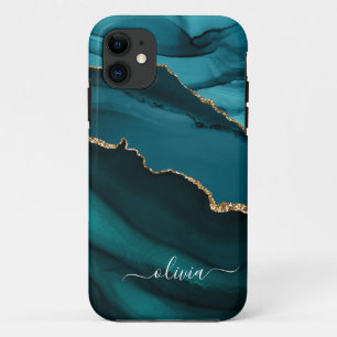 Turkoois Aqua Blauw Groen Agat Geode Goud Monogram iPhone 11 Hoesje