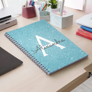Turkoois Aqua Blauwe Glitter Glans Monogram Notiti Notitieboek