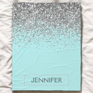Turkoois Aqua Blauwe Zilveren Glitter Meisjesnaam  Fleece Deken