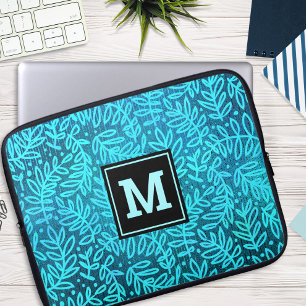 Turkoois bladpatroon monogram vet typografie laptop sleeve