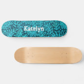 Turkoois blauw blad patroon aangepaste naam cool v skateboard (Horizontaal)