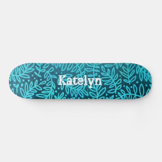 Turkoois blauw blad patroon aangepaste naam cool v skateboard (Horizontaal)