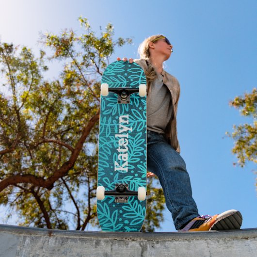 Turkoois blauw blad patroon aangepaste naam cool v skateboard (Buiten 1)