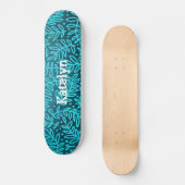 Turkoois blauw blad patroon aangepaste naam cool v skateboard (Voorkant)