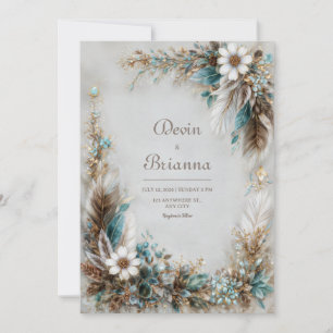 Turkoois Blauw Bruin Veer Wit Bloem Bruids- Kaart