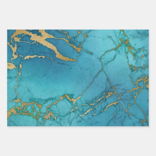 Turkoois Blauw en Goud Marmer Uiterlijk Inpakpapier Vel (Voorkant)