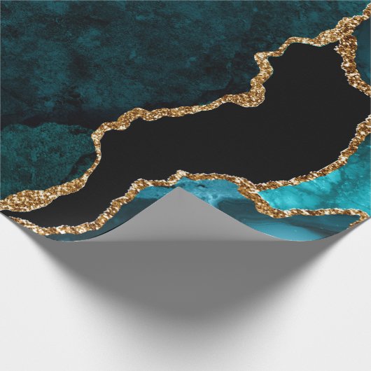 Turkoois Blauw en Gouden Nep Glitter Agaat Cadeaupapier (Hoek)