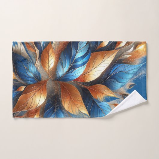 Turkoois Blauw en Koper Bladeren Abstrac Handdoek  (Handdoek)