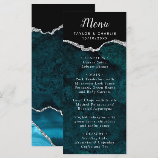 Turkoois Blauw en Zilveren Agaten Trouwmenu Menu (Voorkant / Achterkant)
