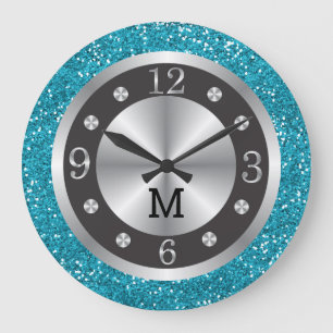 Turkoois blauw glitter zilver en zwart monogram grote klok