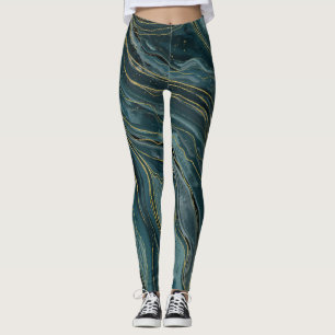 Turkoois Blauw Goud Abstract Waterverf Golven Leggings