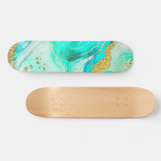 Turkoois Blauw Goud Marmer Geode Alcohol Inkt Skateboard (Horizontaal)