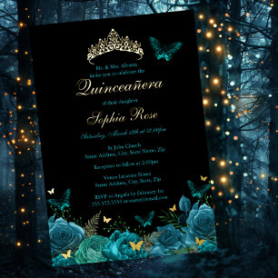Turkoois Blauw Gouden Bloem Vlinder Tiara Quincean Folie Uitnodiging