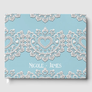Turkoois Blauw Witte Kant Hart Bruiloft Gastenboek
