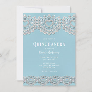 Turkoois Blauw Witte Kant Hart Quinceañera Feest Kaart