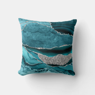 Turkoois Blauw Zilver Glitter Luxe Agate Geode Kussen