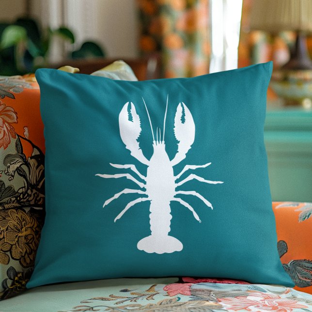 Turkoois Blauwe en Witte Kreeft Vorm Kussen (Teal Blue and White Lobster Shape Throw Pillow)