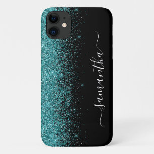 Turkoois Blauwe Glitter Ombre Handgeschreven Aange iPhone 11 Hoesje