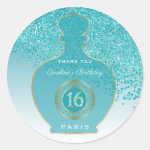 Turkoois Blauwe Glitters Azuur Geur, Sweet 16 Ronde Sticker