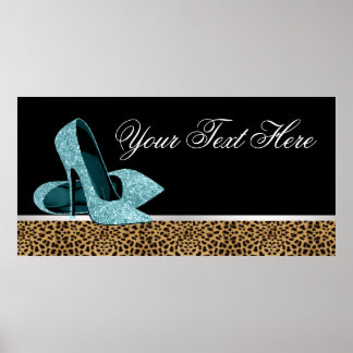 Turkoois Blauwe Hoge Hak Schoenen Luipaard Feest B Poster