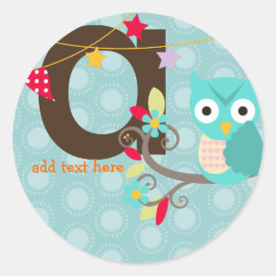 Turkoois/Blauwe Uil/DIY kleur/monogram toevoegen Ronde Sticker