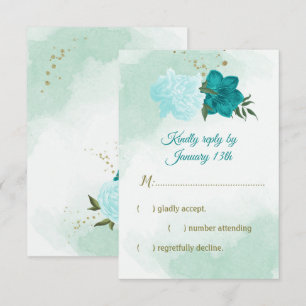 Turkoois bloemen groene bladeren RSVP kaartje