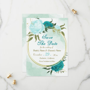 Turkoois bloemen groene bladeren save the date
