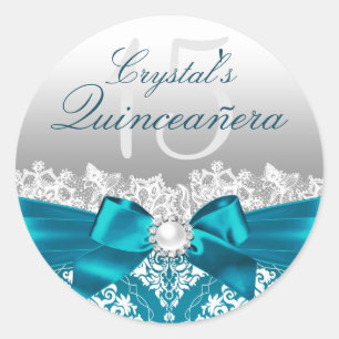 Turkoois Damast & Parel Boog Quinceanera Sticker